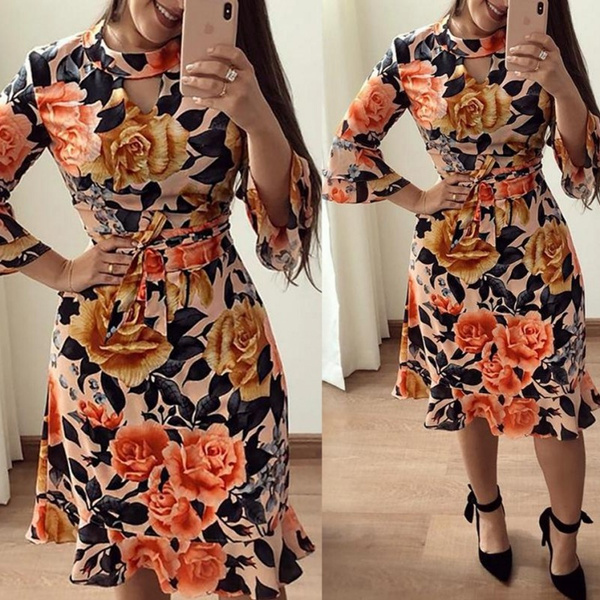 Ladies Casual Floral Long Sleeve Dress Flared Sleeve Casual Dress | Wish